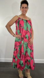 Lange jurk met gevlochten spaghettibandjes Global fuchsia/groen