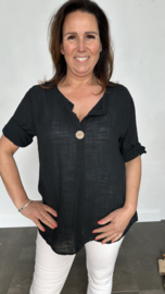 Linnenlook blouse met knoop zwart
