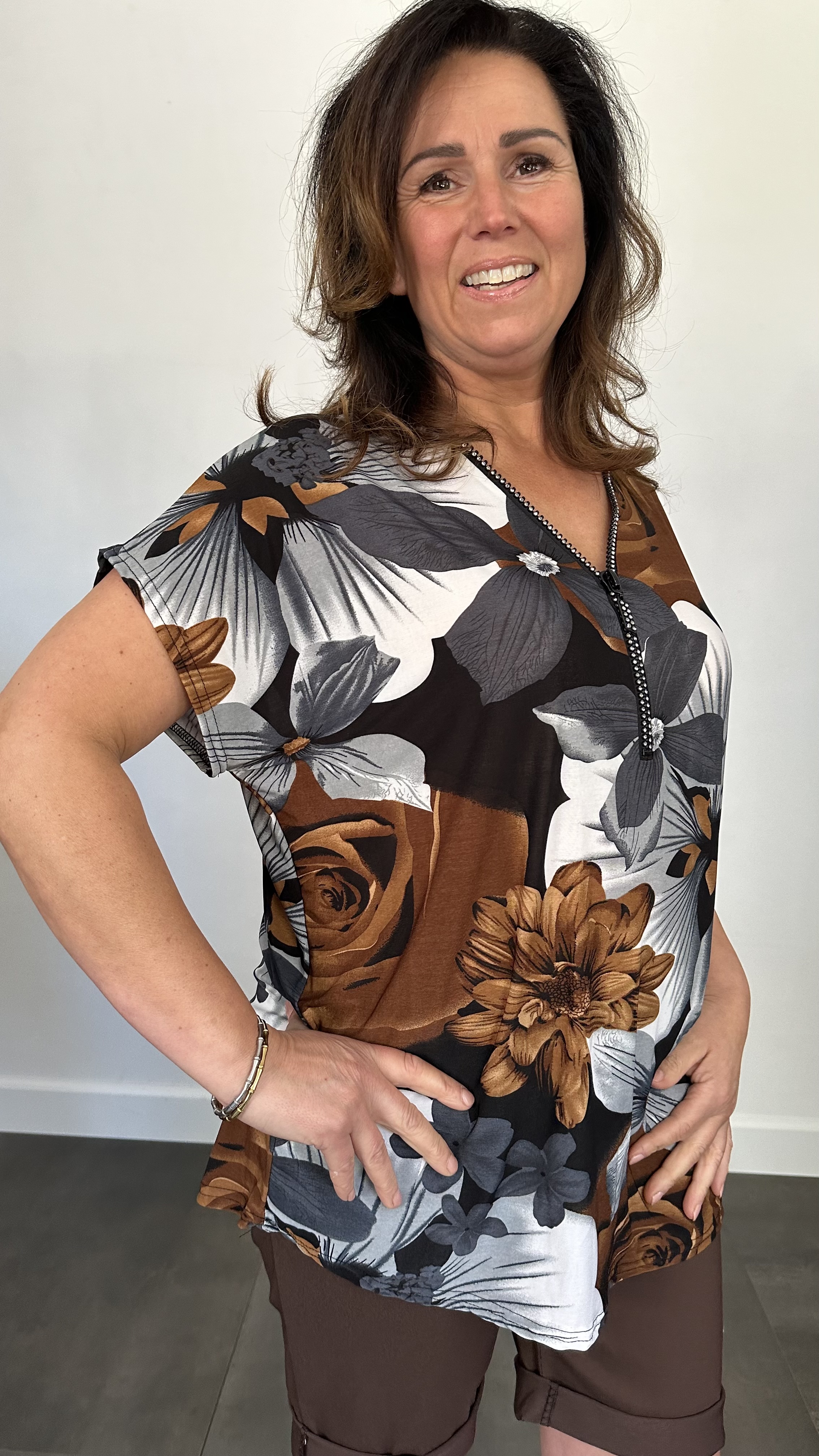 Shirt Zipp gebloemd bruin