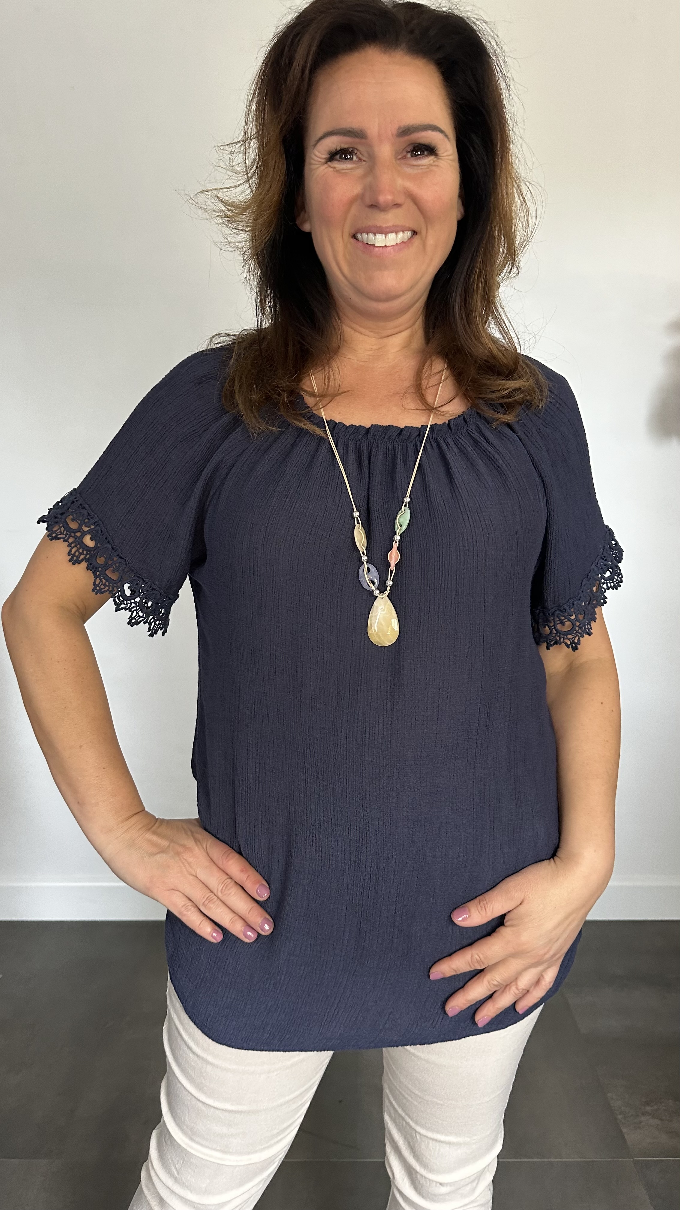 Crinkle shirt met kant marine