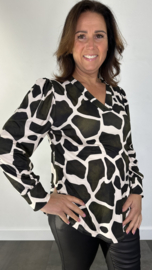 Velvet shirt met v-hals en pofmouw giraffe army