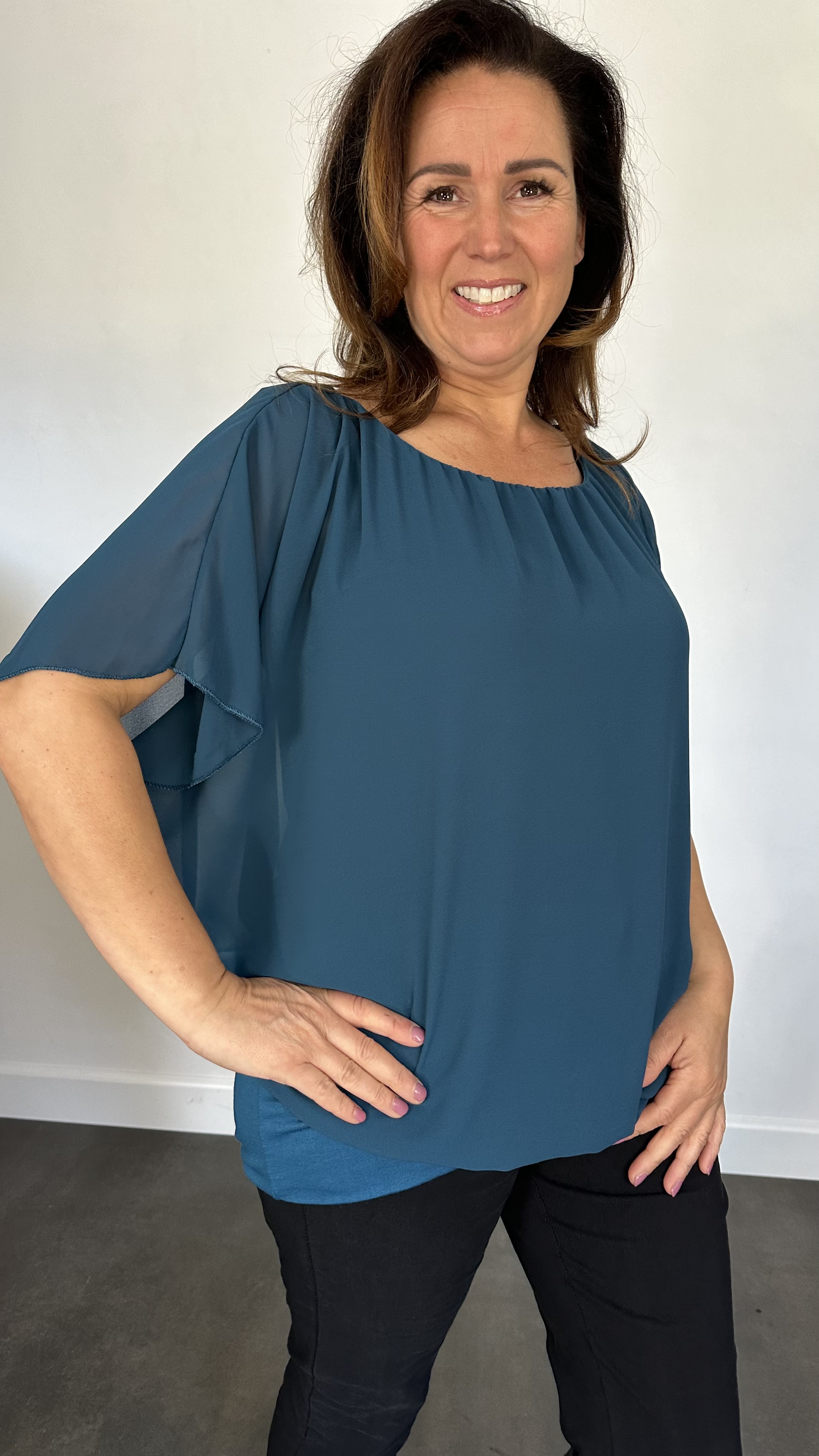 Blouse met boord korte mouw petrol