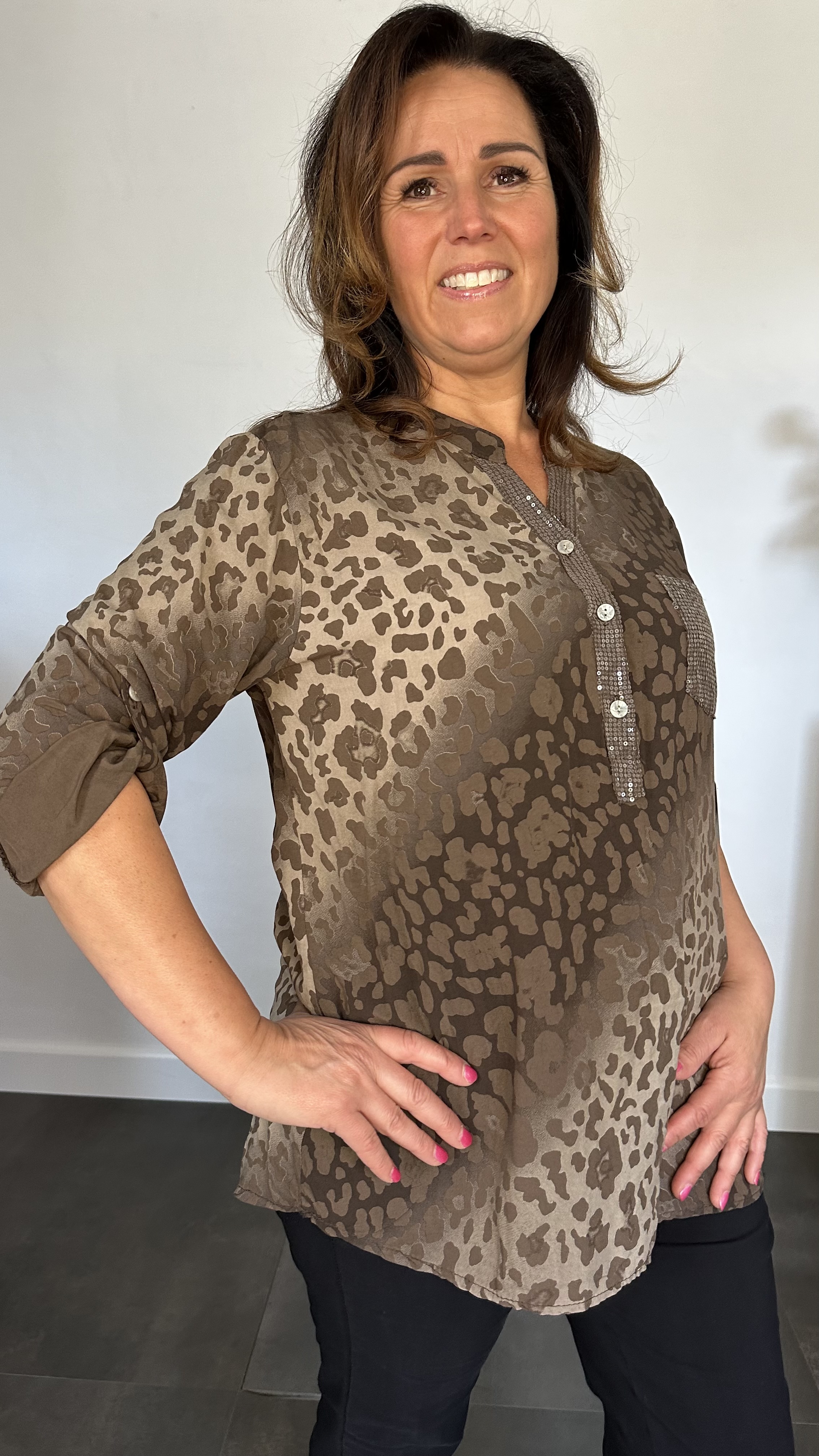 Blouse panter bling bruin