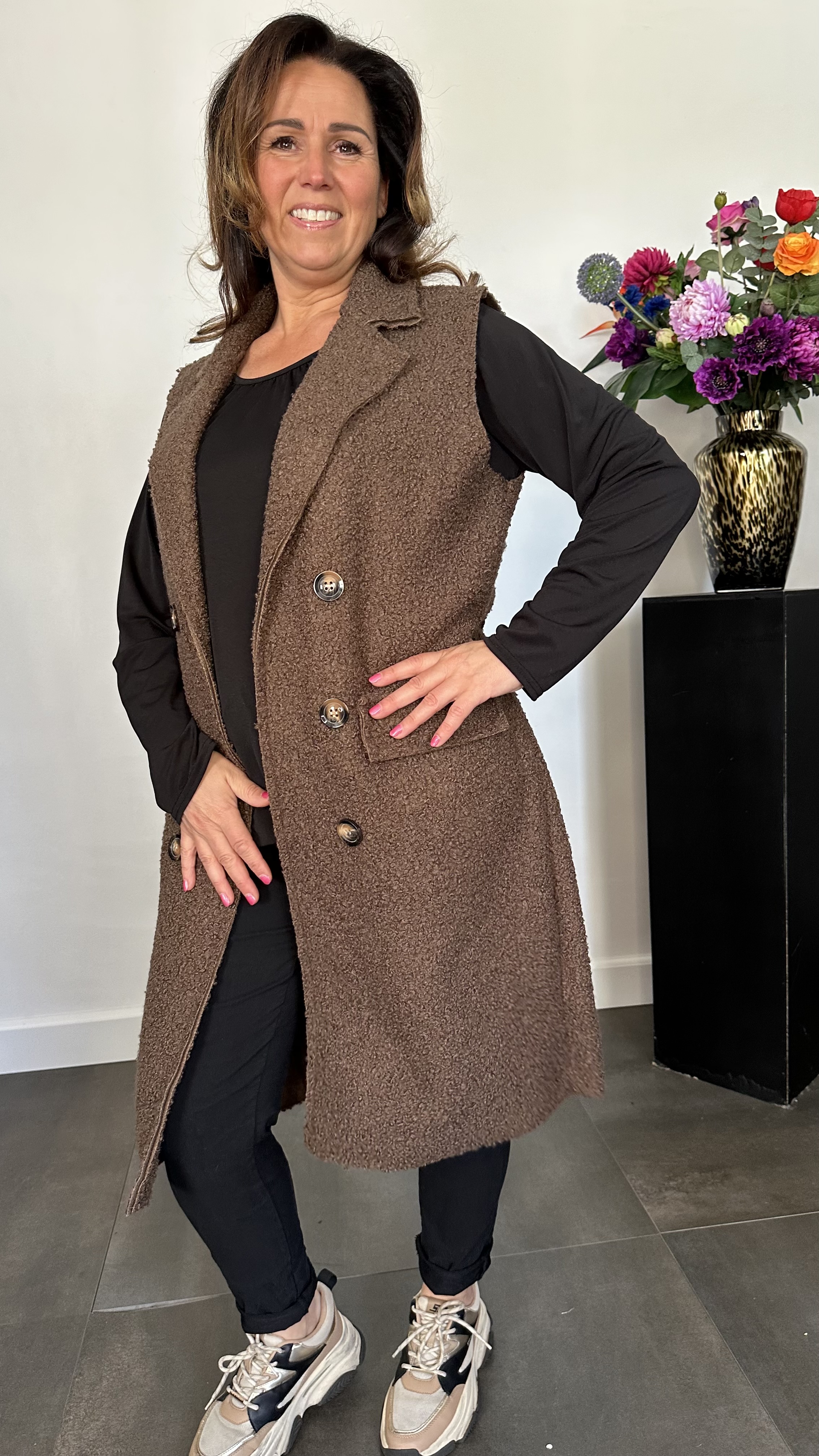 Lange teddy bodywarmer bruin