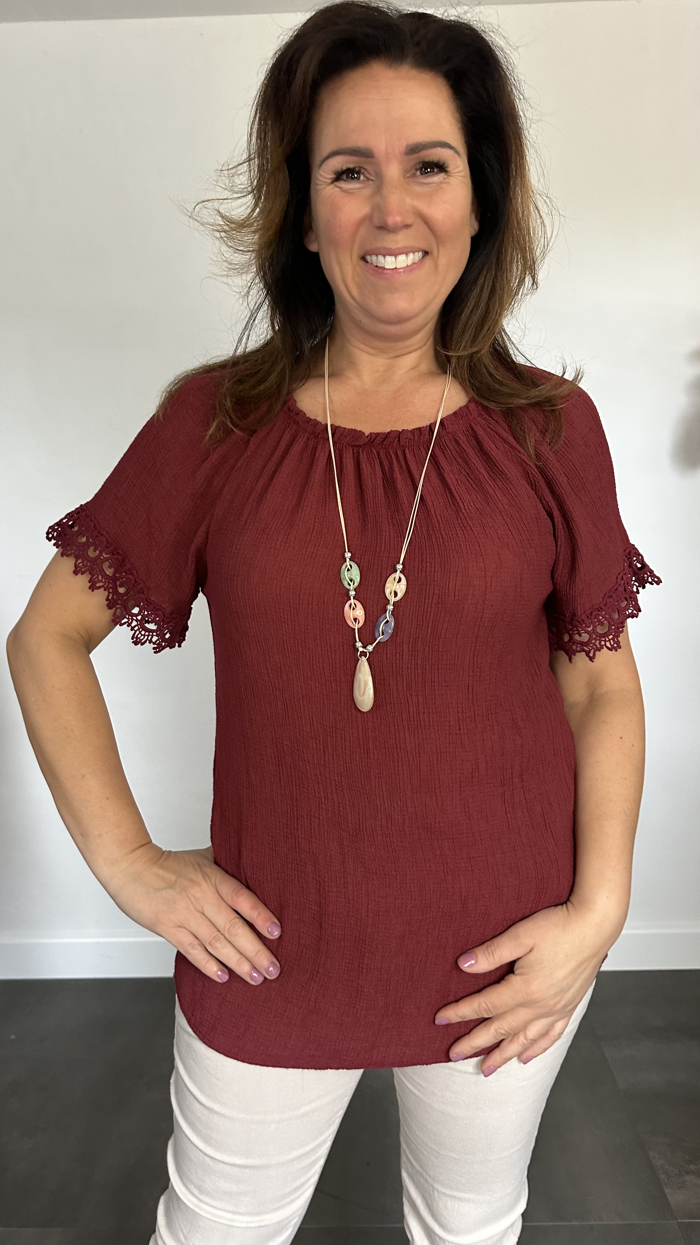 Crinkle shirt met kant bordeaux