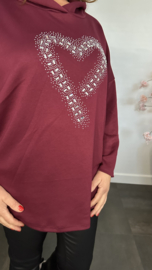Sweater met capuchon/ glitter hart Bordeaux