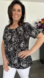Ballon shirt met elastiek roos zwart/wit (+size)
