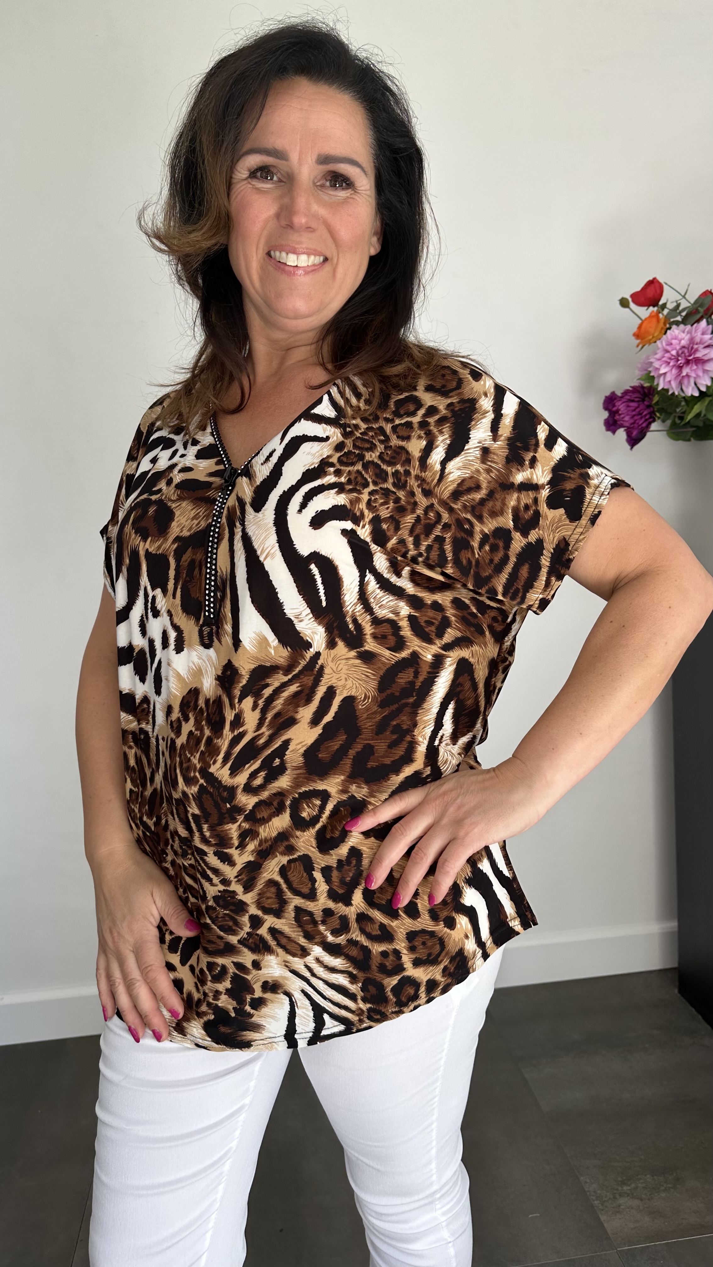 Shirt Zipp panter tijger bruin