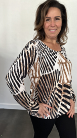 Ballon shirt met elastiek inca ecru/zwart/bruin (+size)