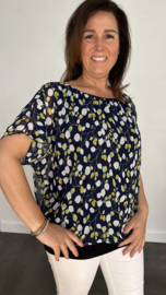 Blouse met boord small leaves marine/ lime