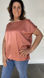 Satijn look shirt met elastiek onderin donker roze