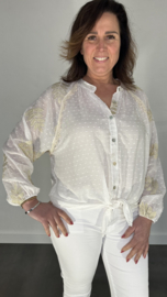 Blouse Beverly met knoop ecru/ goud geborduurde blaadjes SALE