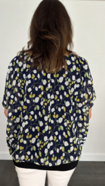 Blouse met boord small leaves marine/ lime