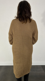 Lang grof gebreid vest met pofmouw zilver sparkle camel
