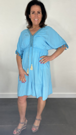Korte jurk Roxy met elastiek turquoise