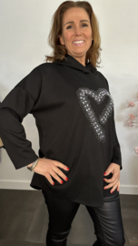 Sweater met capuchon/ glitter hart Zwart
