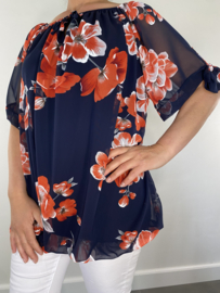 + Size ballon blouse met strikjes gebloemd marine/ rood