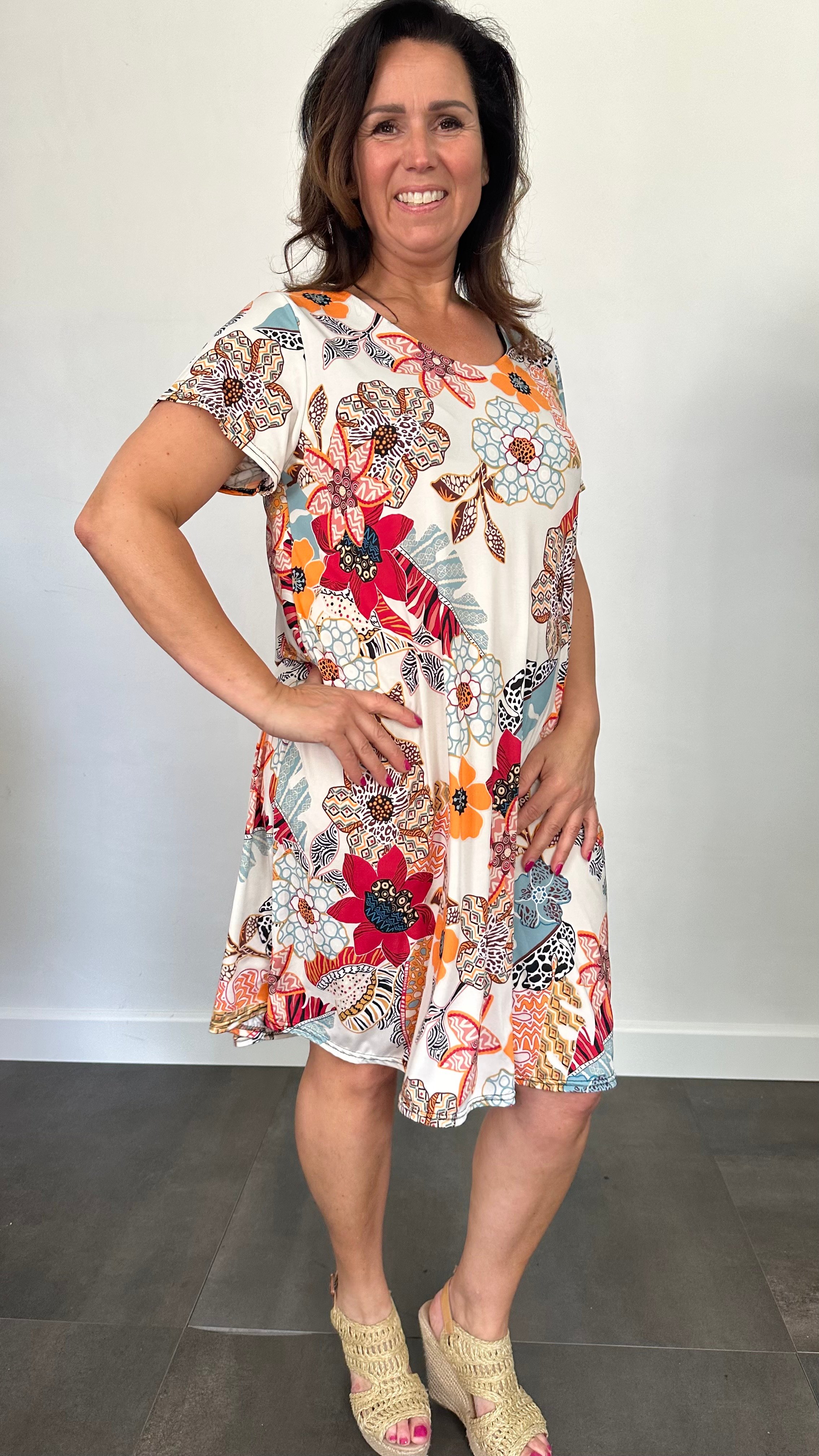 Jurk Dorena bloemen ecru oranje