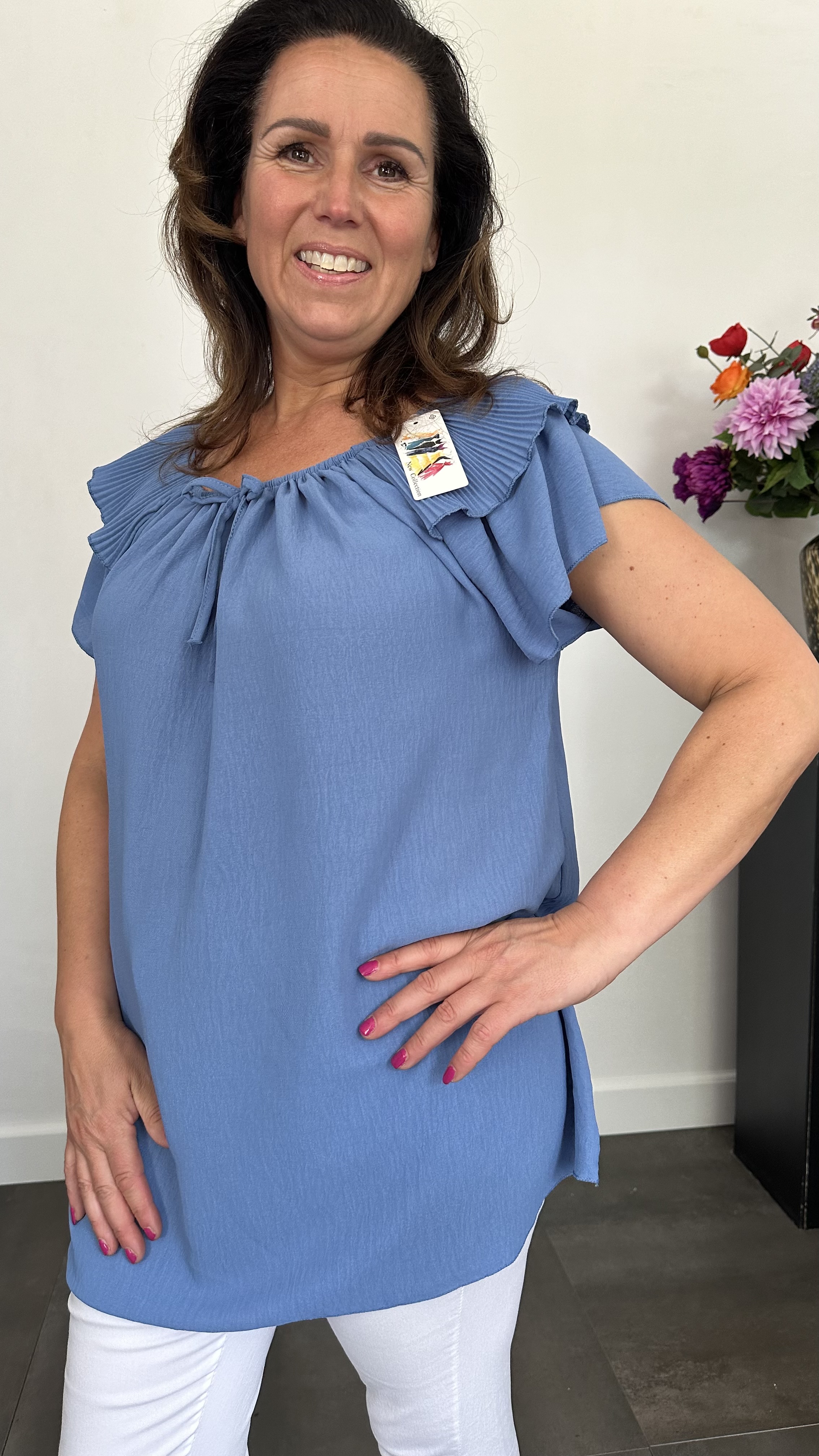Top Kenza met plissé ruche jeans blauw (donker) SALE