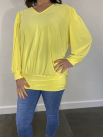 Shirt met brede elastische boord, v-hals en pofmouw travel geel