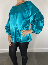 Silky blouse met gesmokte mouw turquoise