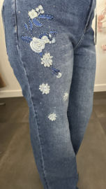 Red Berry Wide leg stretch jeans Glitter bloemen