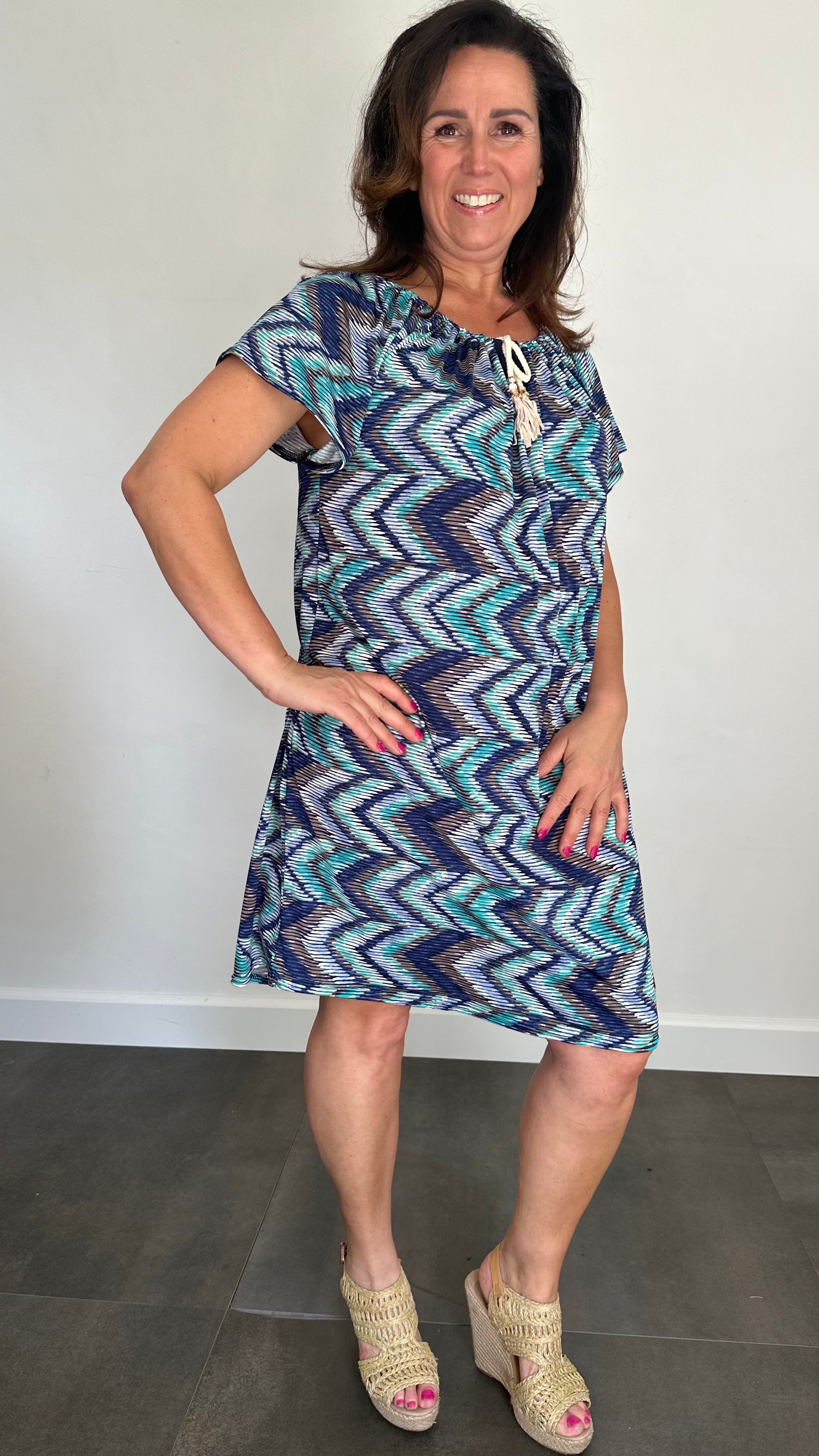 Jurk met koordje zigzag mint/marine