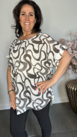 Linnenlook shirt Waves wit/ zwart