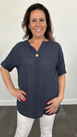 Linnenlook blouse met knoop marine