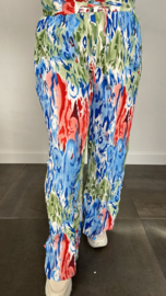 Plisse broek met wijde pijp coloured flames blauw SALE