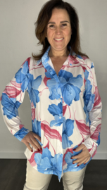 Stretch blouse travel gebloemd licht blauw