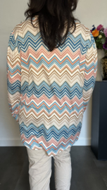 Soft shirt met v-hals en pofmouw Zig zag turquoise/camel