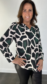 Velvet shirt met v-hals en pofmouw giraffe groen