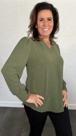 Crepe blouse met v-hals en pofmouw army