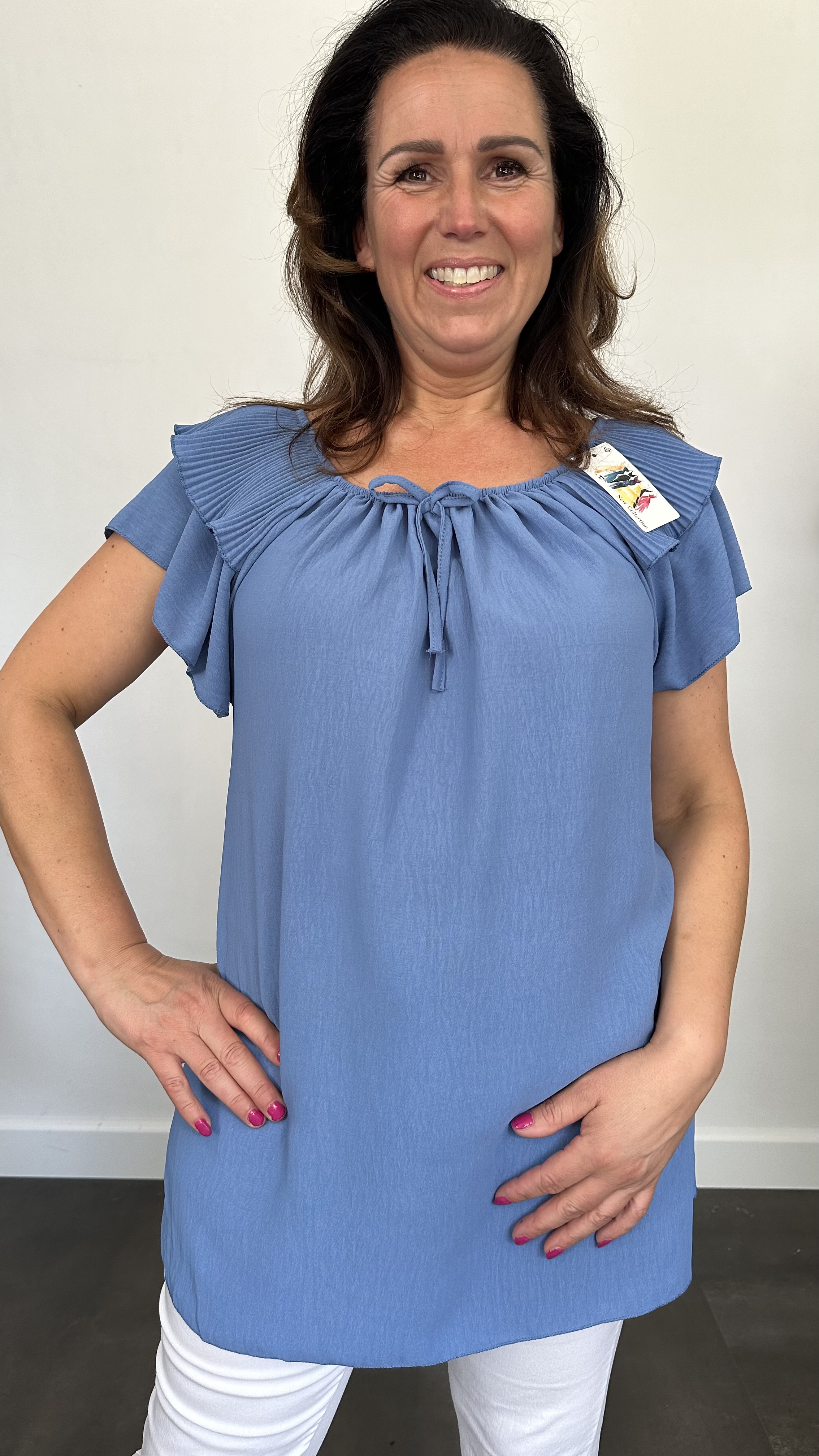 Top Kenza met plissé ruche jeans blauw (donker) SALE