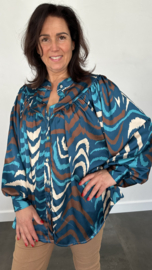 Satijnen blouse met pofmouw tijger petrol