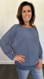 Blouse met boord lange mouw staalblauw +size