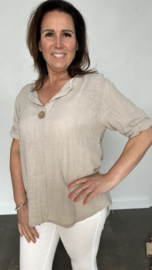 Linnenlook blouse met knoop zand