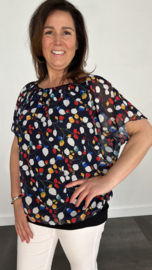 Blouse met boord small leaves marine/ rood