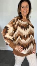 Blouse met boord lange mouw +Size Extra zigzag cognac
