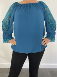 Ballon blouse met kant petrol