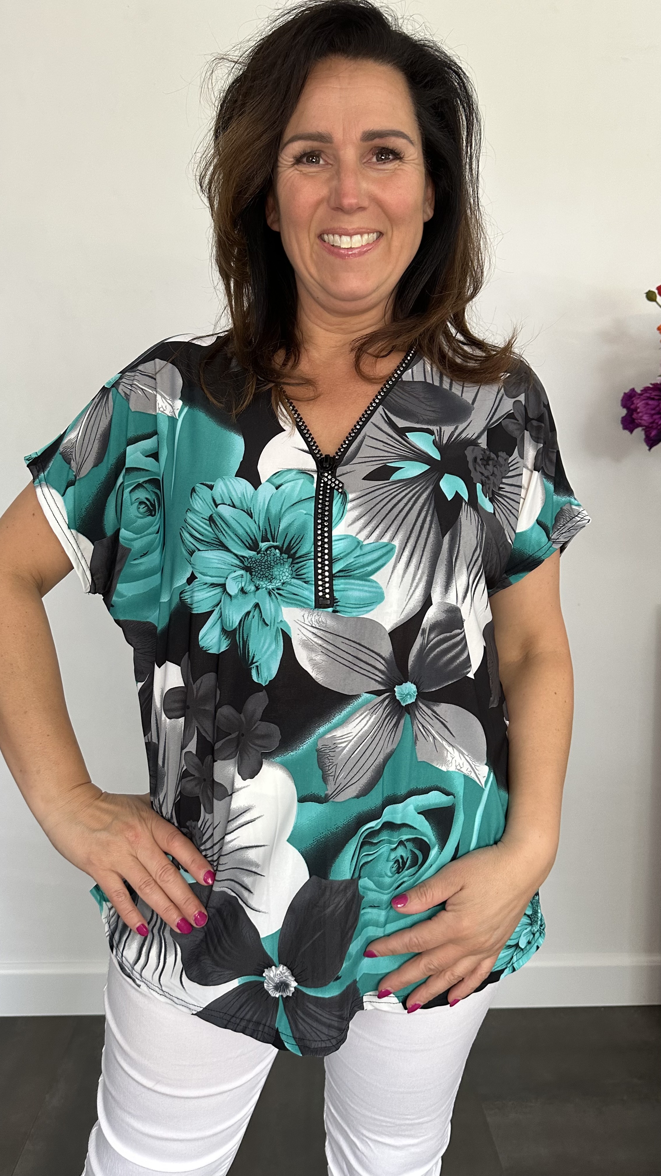 Shirt Zipp gebloemd mint