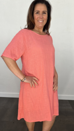Tuniek /jurk linnenlook met gehaakt detail Koraal SALE