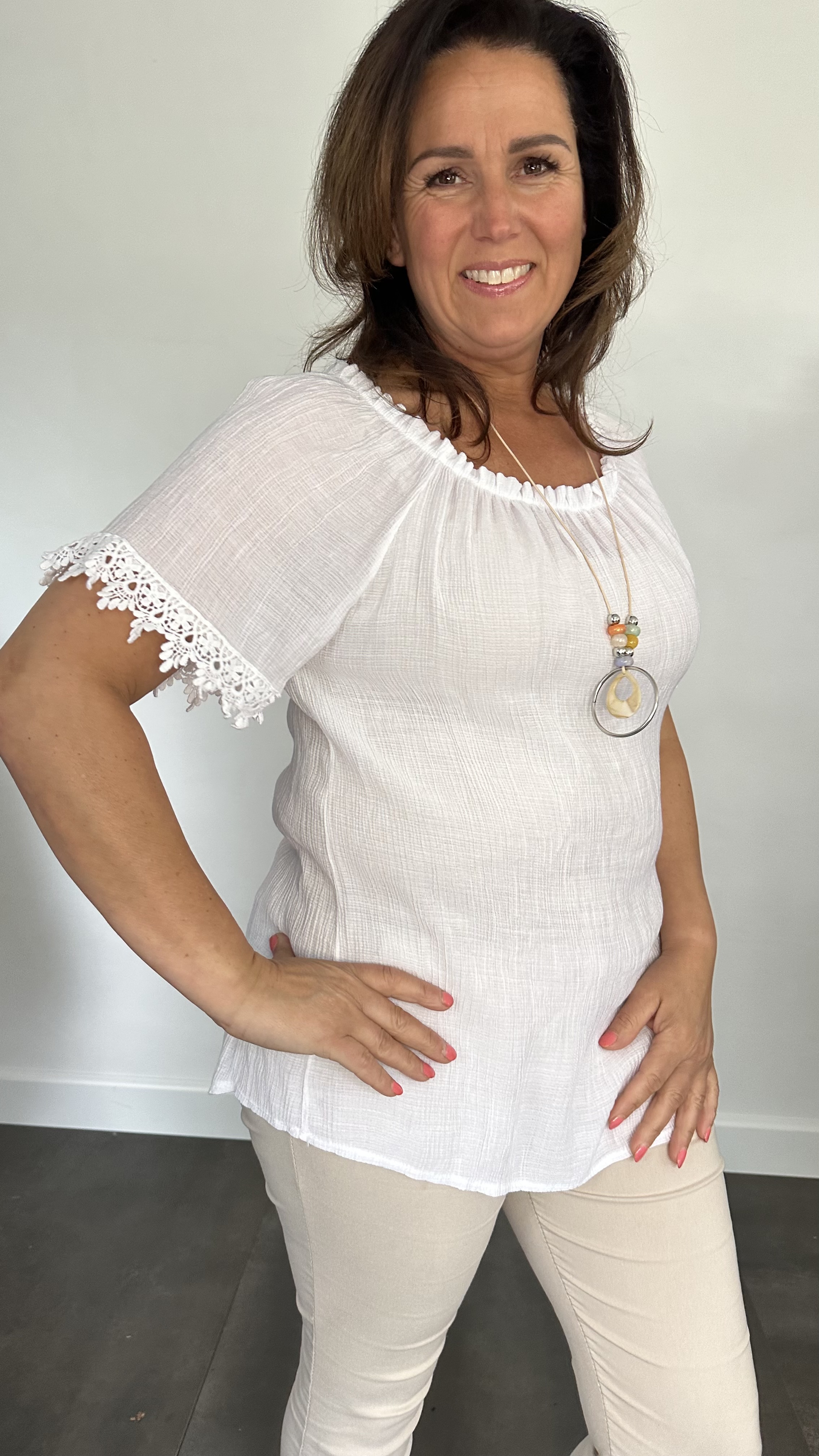 Crinkle shirt met kant wit