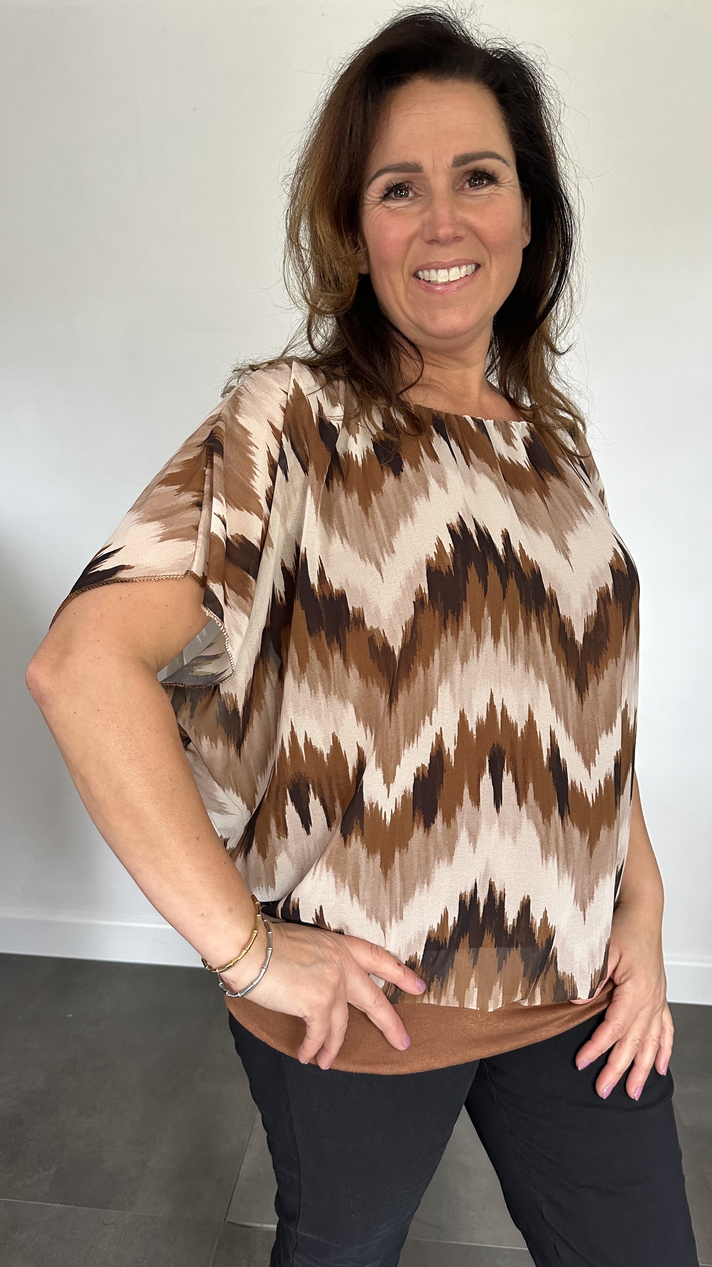 Blouse met boord zigzag cognac