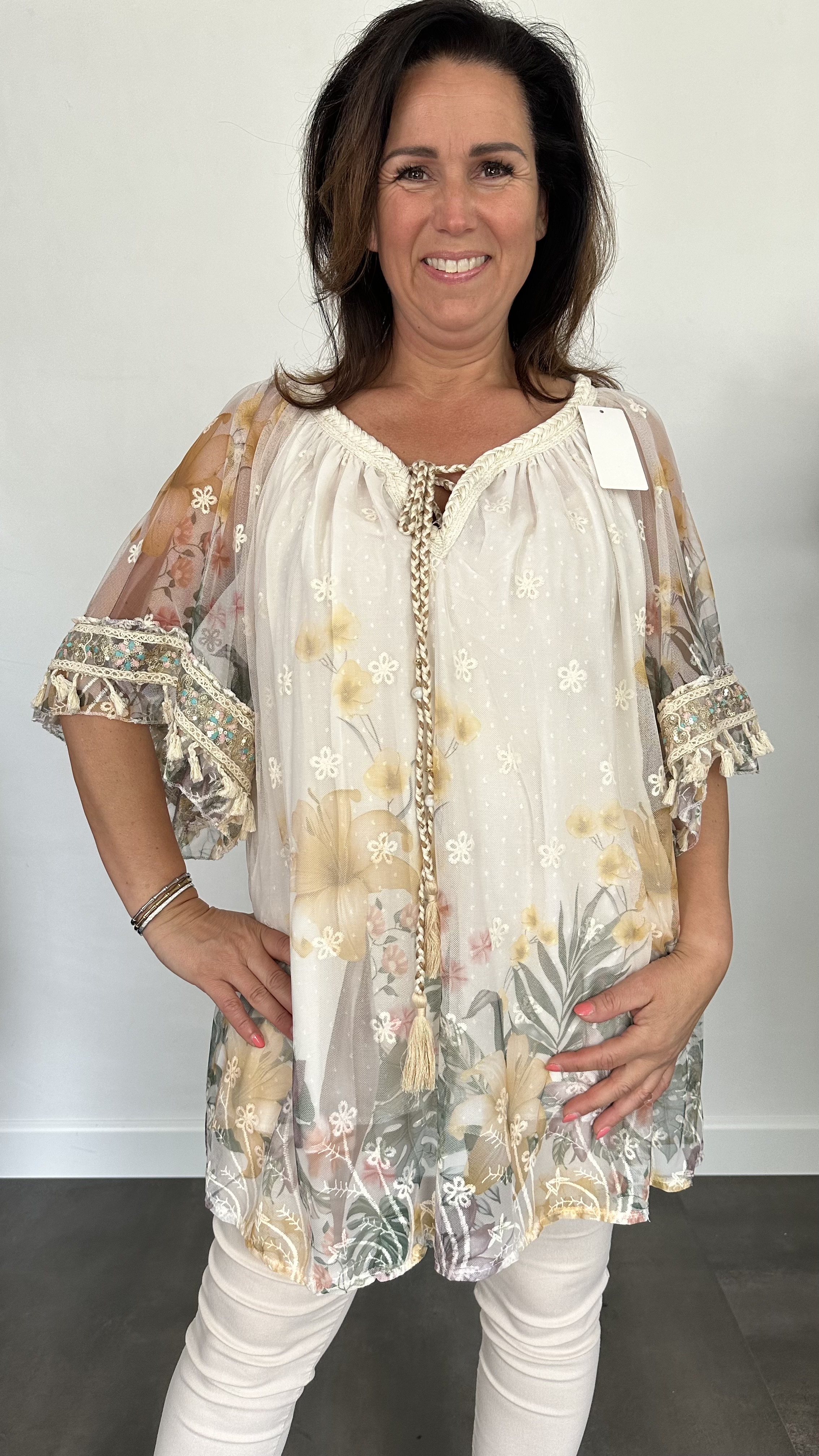 Tule tuniek met bloemen print +SIZE geel