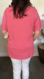 Ribbel shirt met kanten V-hals Fuchsia