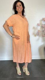 Linnenlook jurk met gehaakt kant Peach