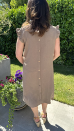 Jurk Mimi met ruche en knoopjes taupe