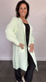 Lang grof gebreid vest met pofmouw licht groen